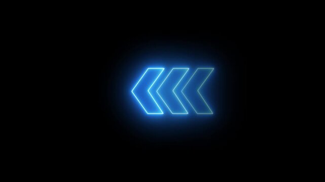 blue neon sequential directional arrows icon for forward movement, navigation pointer, progression symbol, motion indicator animation