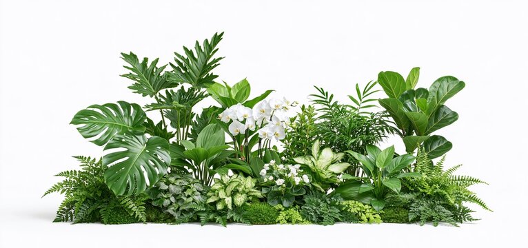 White flowers stand out against an arrangement of lush tropical leaves, creating a natural focal point for botanical and home decor imagery.