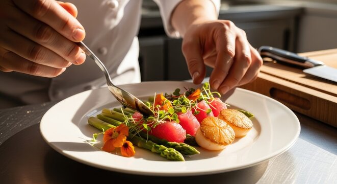Professional chef plating a gourmet seafood dish with greens.