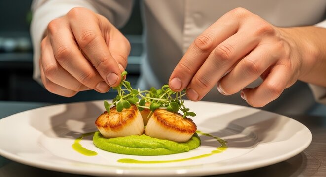 Chef hands plating gourmet seared scallops with garnish.