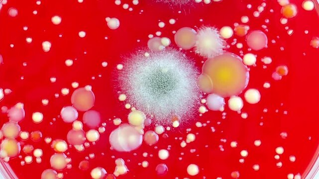 Mixed environmental microbial colonies on sheep blood agar, animated photograph. Culture plate showing bacterial and fungal growth from air or surface sampling with diverse colony morphology.