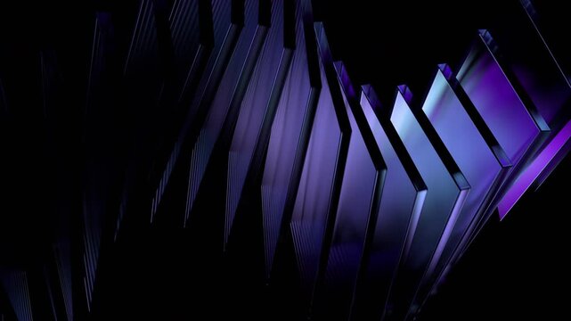 Dark purple glass panels twisting in a wave on a black background, data center and server infrastructure concept, seamless loop, 3d rendered animation