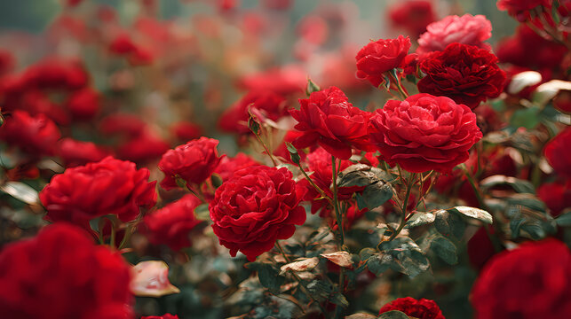 Rose blossoms opening fully across a dense garden bed during daylight while creating a rich tapestry of crimson petals.