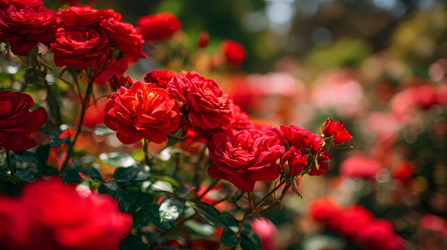 Roses blooming vibrantly in a lush garden with rich green leaves and soft natural sunlight filtering through the background.