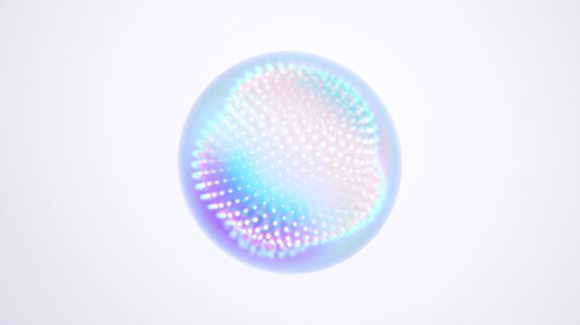 Iridescent sphere filled with glowing dots slowly rotating on a white background, quantum computing and AI core concept, seamless loop, 3d rendered animation