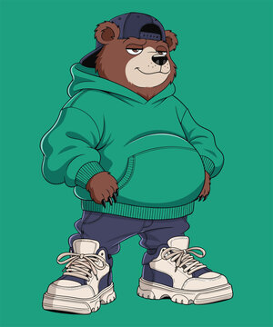 Cartoon bear character wearing a green hoodie, baseball cap, and sneakers stands against a solid green background.