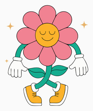 Retro flower character with human arms and yellow boots smiling peacefully against a plain white background.