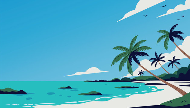 Tropical beach landscape features clear blue ocean water, white sand shoreline, and leaning palm trees under a bright sunny sky.