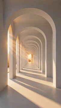 A long minimalist corridor of repeating white curved arches, warm golden sunlight streaming from one side and casting sharp diagonal shadows across the floor, viewed from the entrance.