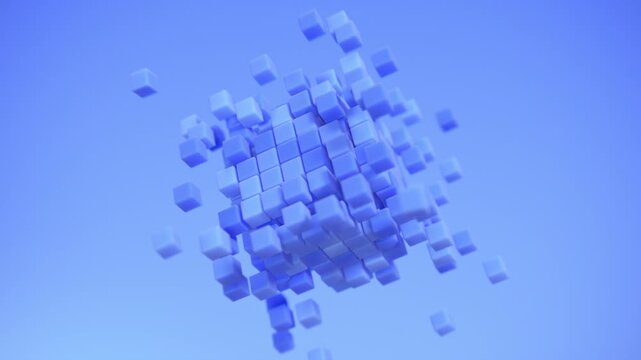 Scattered blue cubes assembling into a solid cube and breaking apart again on a blue background, data integration and teamwork concept, seamless loop, 3d rendered animation