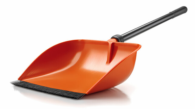 Snowshovel featuring a bright orange plastic scoop attached to a sturdy black handle resting on a transparent background floor.