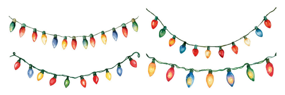 Watercolor christmas lights garland set, hand drawing colorful festive bulbs, decorating for holiday season celebrations, new year, party, and winter events with illumination
