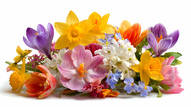 Blossoms grouped together form a colorful cluster of mixed garden species highlighted on a clean surface.