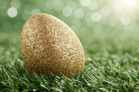 Glittering gold Easter egg resting on lush green spring grass
