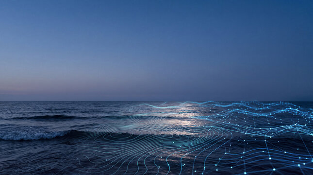 Digital Ocean Wave Monitoring with Glowing Data Network and Contour Lines