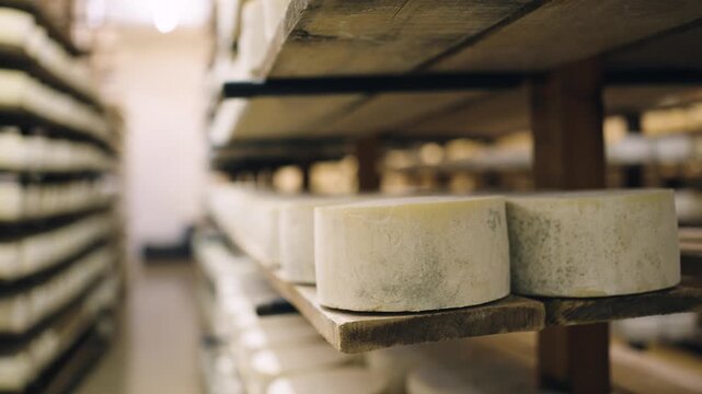 Close up of organic cheese wheels maturing on rustic wooden shelves. Traditional cheesemaking process in a dairy farm cellar in Spain