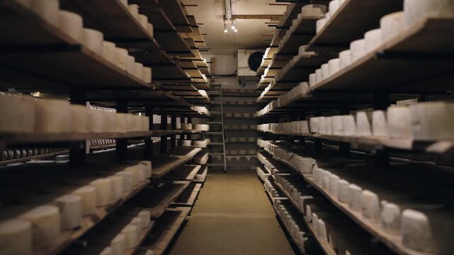 Hundreds of traditional Spanish cheese wheels aging in a cellar. Endless rows of racks with dairy products ripening in a factory