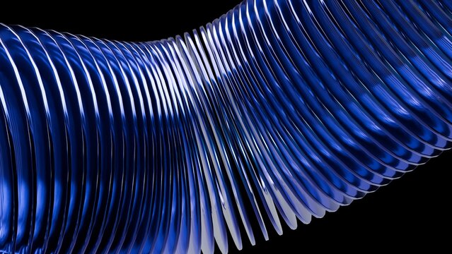 Abstract blue metallic spiral ribbed wave shape with glowing lighting effects and reflective glossy texture for futuristic design concepts