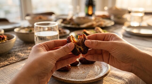 Hands Breaking a Date at Iftar Time, Close-up with Warm Golden Light