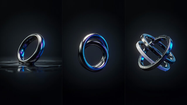 Three variations of metallic rings with blue light reflections, including a single loop, an interlocking pair, and a complex gyroscopic structure