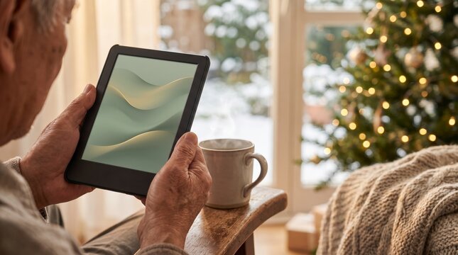 Senior reader enjoying an e-reader and hot tea in an armchair beside a snowy window and tree