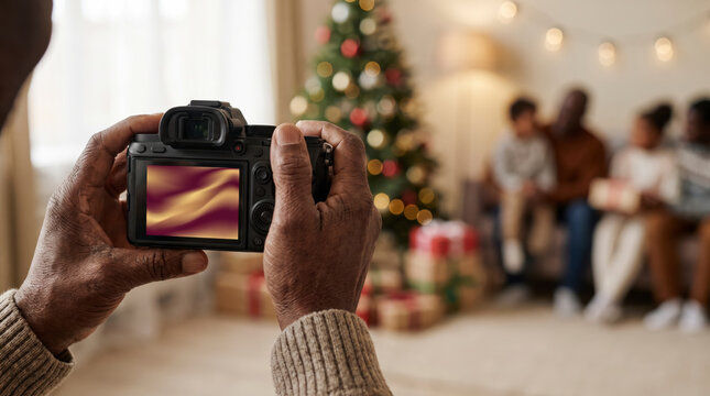 Family storyteller capturing relatives on a sofa by a Christmas tree with a mirrorless camera
