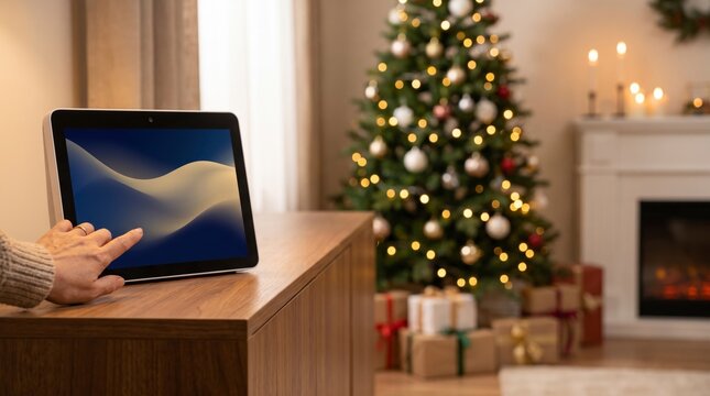 Smart home user touching a display on a wooden sideboard near a Christmas tree, fireplace and gifts