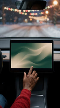 Cautious driver tapping a car touchscreen on a snowy evening road with blurred city lights