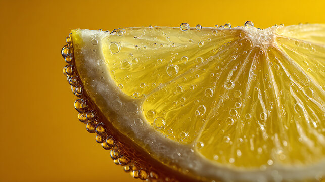 Lemon wedge positioned against a warm yellow background features sparkling condensation droplets clinging to its textured rind and juicy segmented flesh, capturing a vibrant.