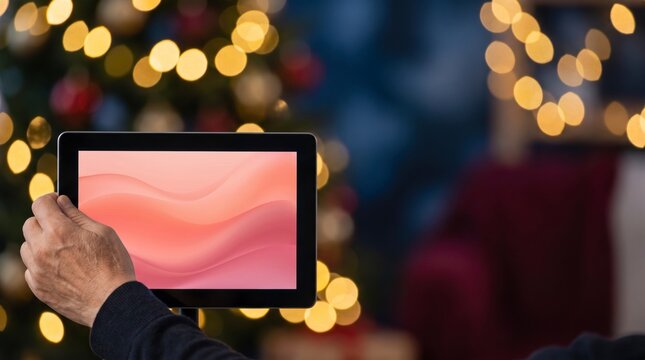 Senior shopper holding a tablet with a coral wave screen before golden tree lights and red decor
