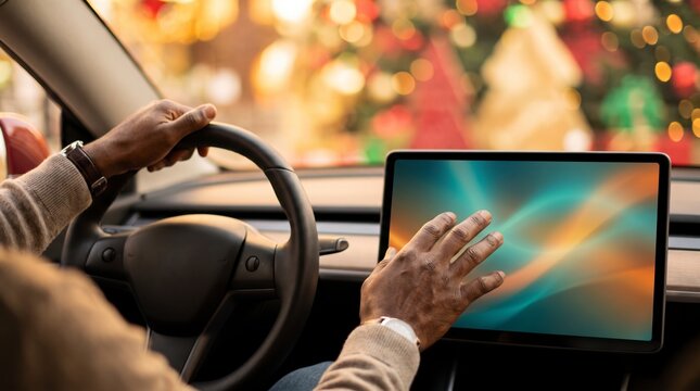 Road tripper touching a car dashboard screen with Christmas market lights beyond the windshield