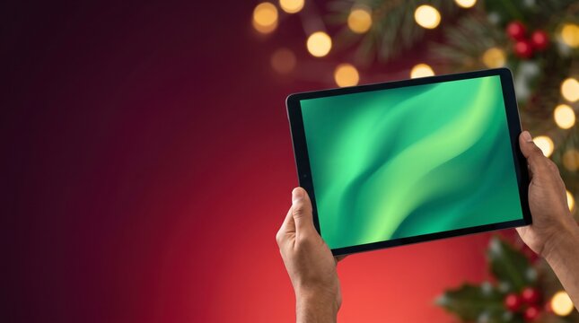 Eager reviewer raising a tablet with a green screen against a burgundy glow, holly and golden lights