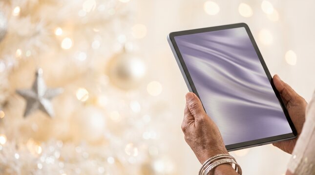 Elegant senior woman holding a tablet with a lavender silk screen beside a white tree and baubles