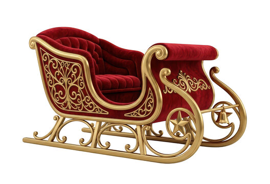Luxury red velvet santa claus sleigh with ornate gold filigree details isolated on transparent background