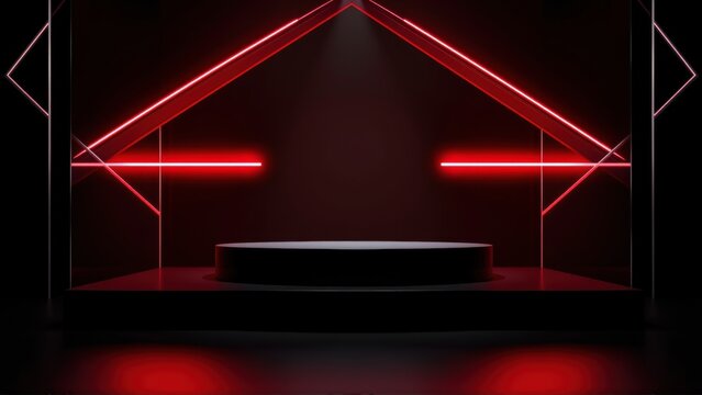 Dark stage setup. Round platform illuminated by red neon lights. Minimalist design creates dramatic presentation space.