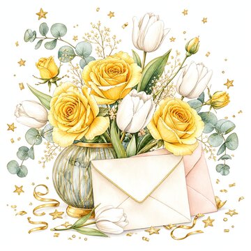 Yellow Roses and White Tulips Vase with Gold Confetti