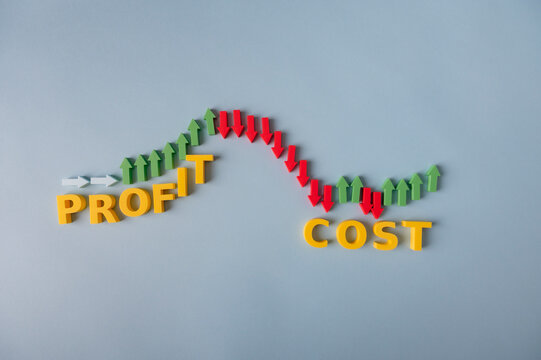 Profit and cost management concept with fluctuating business performance arrows