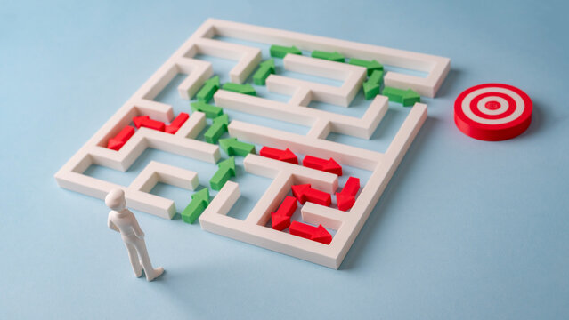 Business strategy and problem solving through maze toward target while avoiding wrong paths
