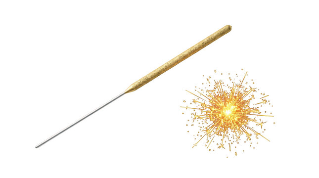 Golden sparkler stick with bright glowing sparks isolated on transparent background