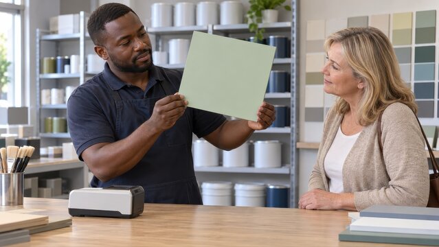 Paint specialist tilting a dry pale green hardboard sample toward the light while a customer watches the coating inspection before a colour matching consultation proceeds