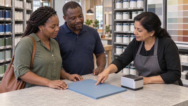 Partners consulting a paint specialist about their shared dry blue panel while the retailer points to its central reference area before colour measurement at the shop counter