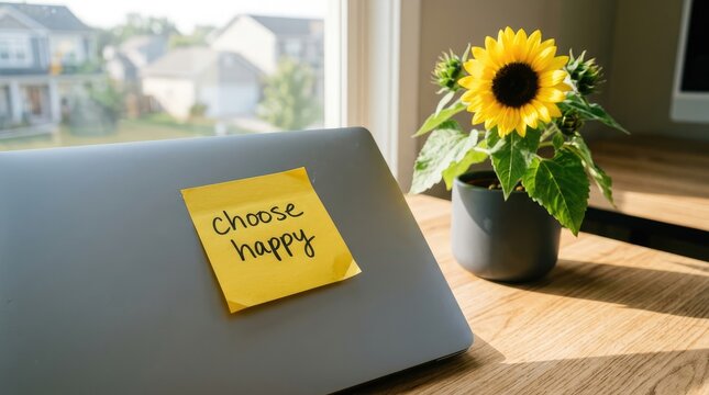 Bright yellow sticky note with inspiring choose happy text attached to silver laptop computer lid