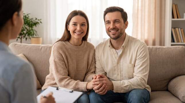 Happy couple smiling and holding hands during counseling session in bright home living room with caring professional