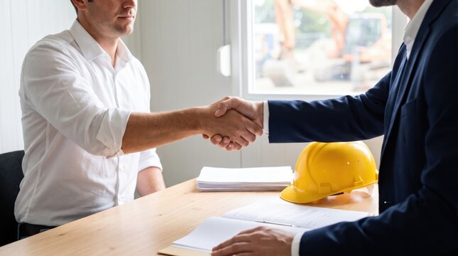 Businessman and construction professional handshake across office table beside hard hat and contract document, expressing agreement during project meeting