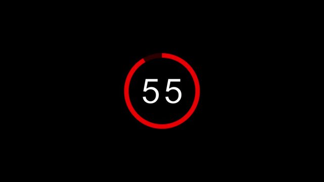 white countdown timer from 60 to 0 inside a red circular progress bar for time tracking, clock ticker, speed countdown