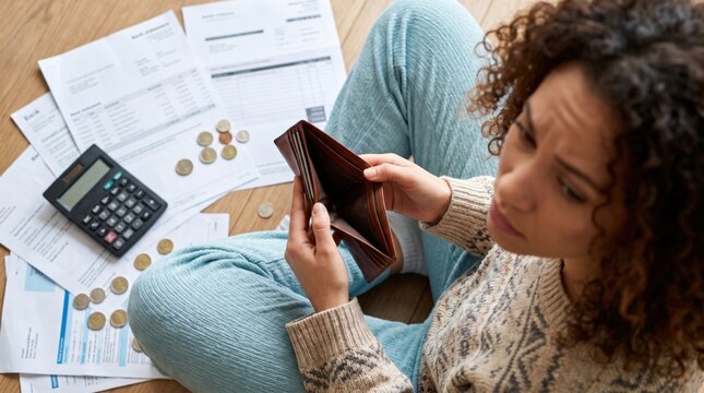 Worried woman checking empty wallet beside unpaid bill and scattered coin on wooden floor