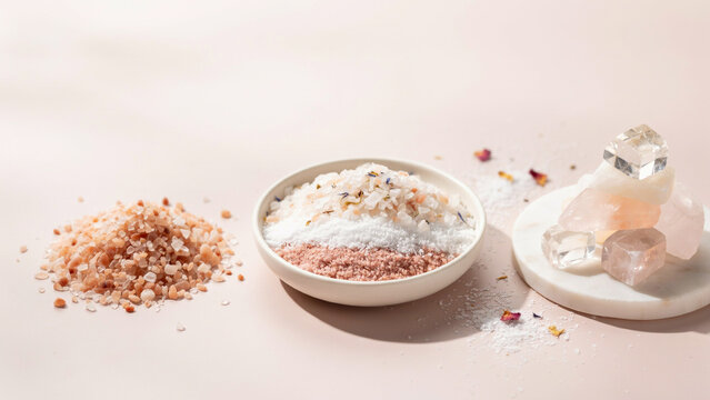 A bowl filled with pink himalayan salt, surrounded by loose salt crystals and raw rose quartz stones on a soft beige background surface