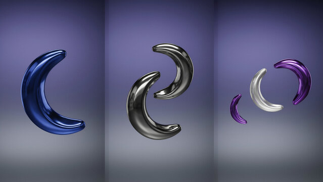 A collection of crescent moon shaped metallic in blue, black, silver, and purple colors floating against a gradient purple background