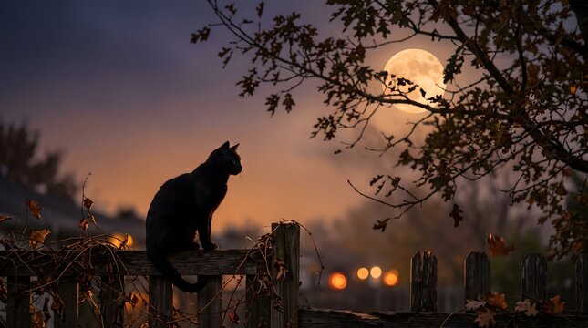 Black cat sitting on fence under full moon with autumn trees and distant lights at dusk.