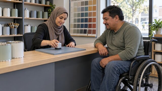 Seated paint specialist measures a blue grey reference board during a colour matching consultation with a wheelchair customer at an accessible shop counter